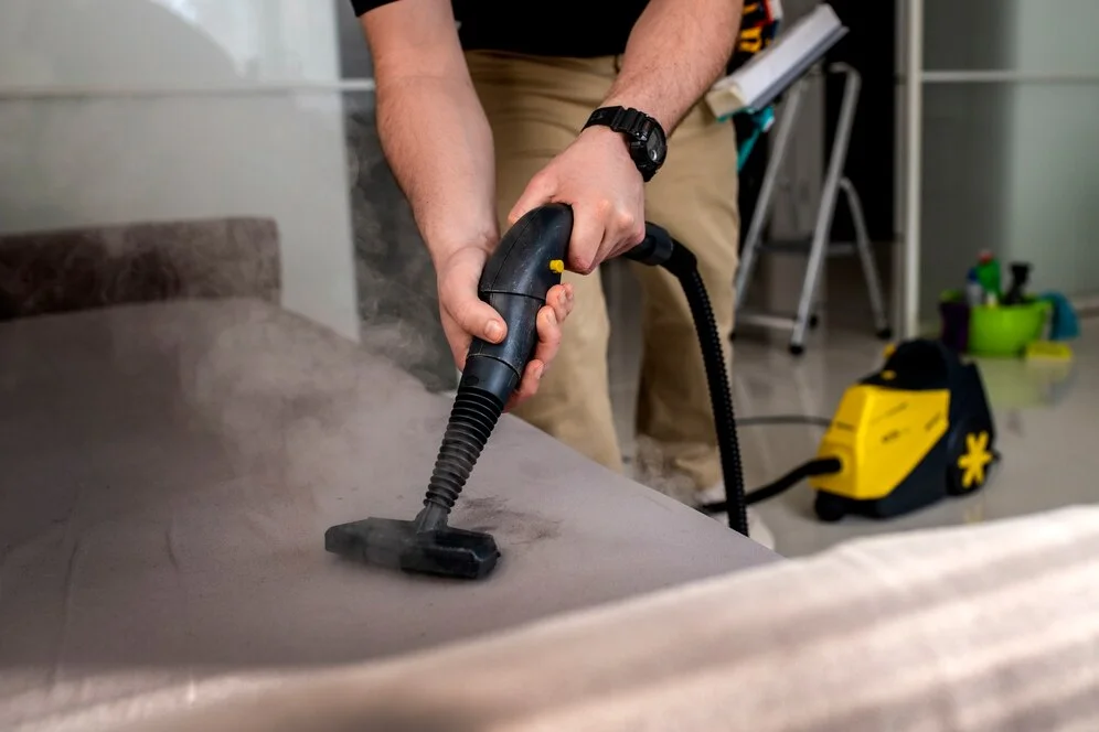 A person from a San Francisco maid service steam cleaning a fabric surface to remove dirt and sanitize.