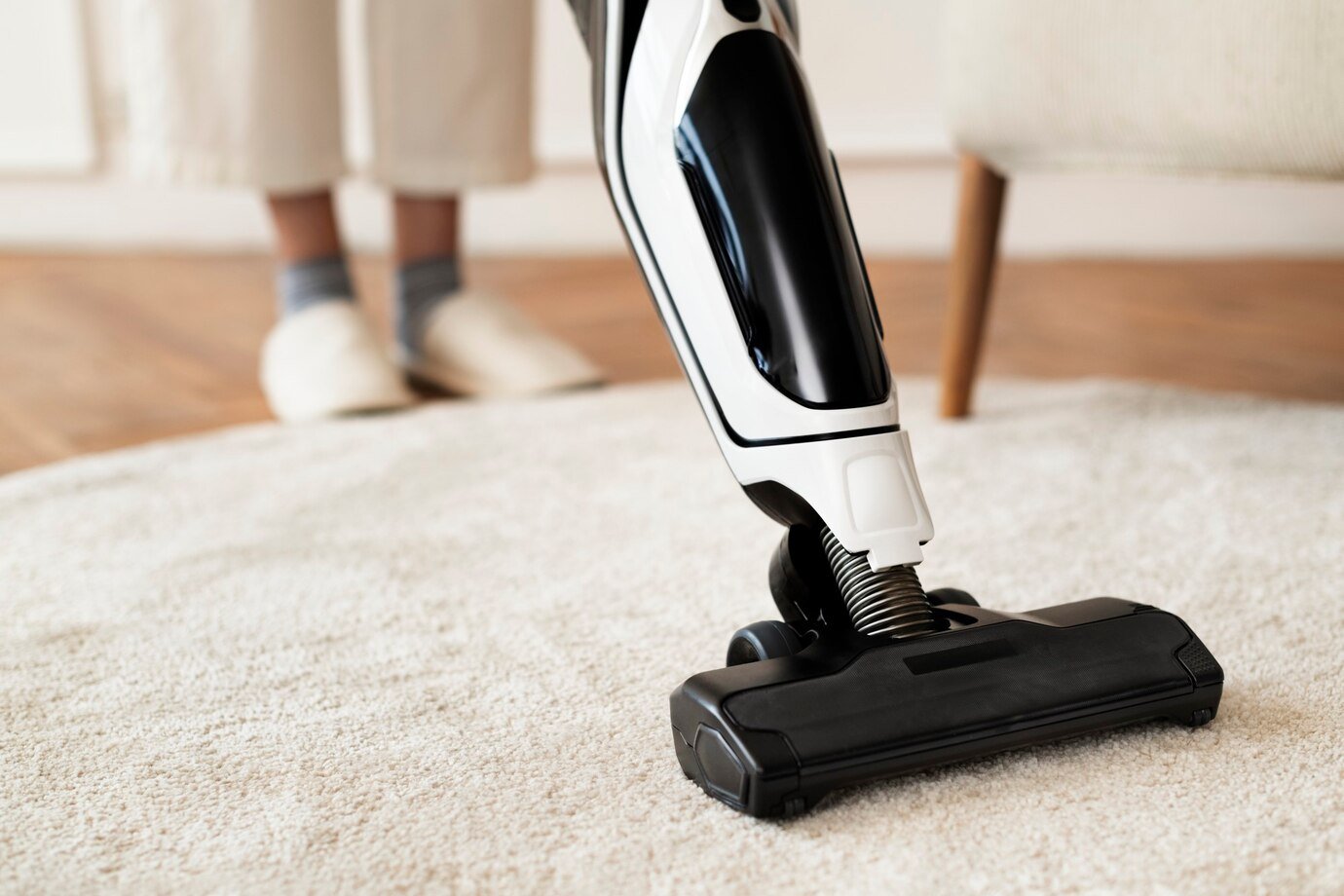 Person using an upright vacuum cleaner for house cleaning on a carpeted floor.